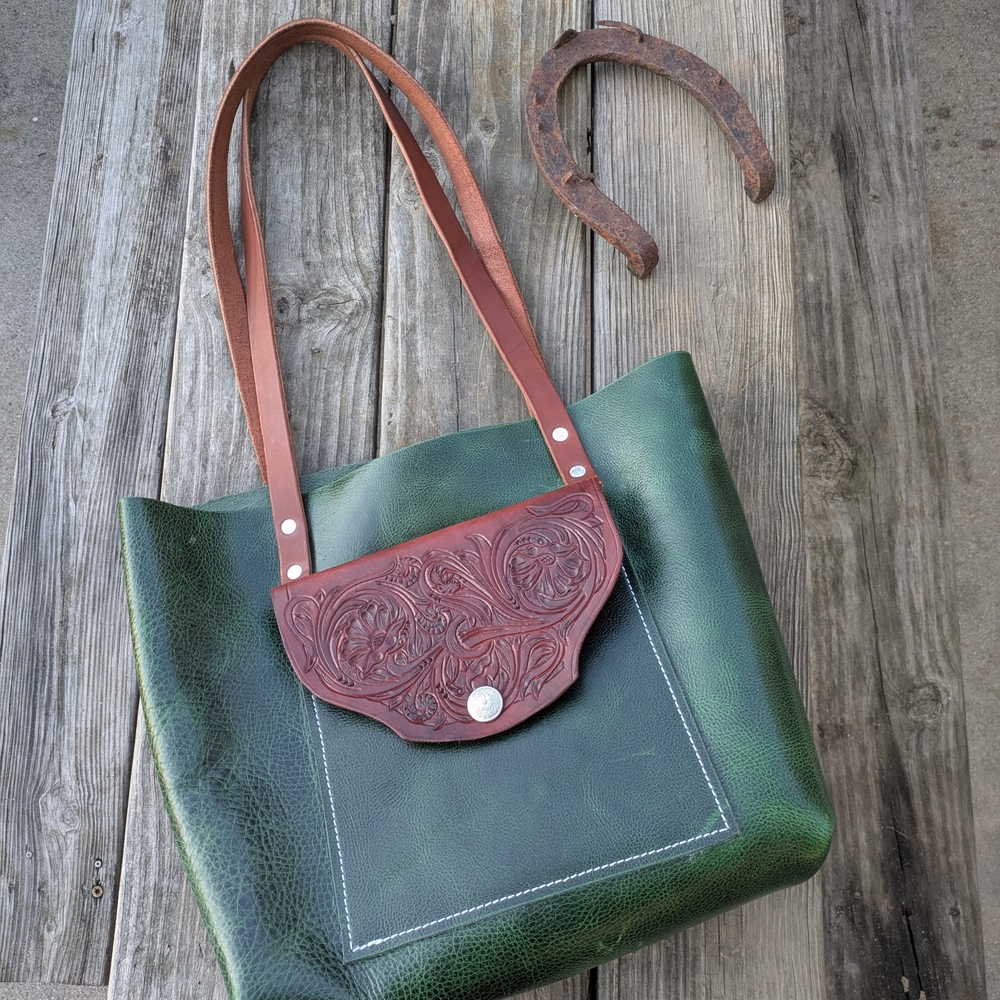 Handcrafted Green Leather Tote with Brown Tooled Flap